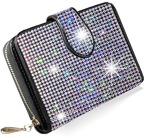 LIFUTOPIA Kleine Damen-Geldbörse mit Strasssteinen und Kunstdiamanten, Kreditkartenfach, Münzhalter mit Reißverschluss, glitzernde Aurora Borealis, kleine Damengeldbörse
