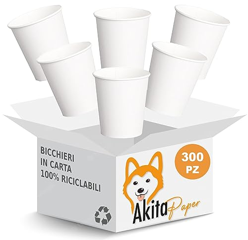 AKITAInk 300 pz Bicchieri Monouso in Carta Bianco da 200 ml Bicchiere compostabile biodegradabile di carta per Te', Caffè, Bevande calde, Acqua anche Asporto e Feste (BIANCO, 300)