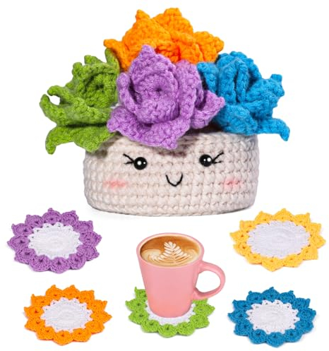 MASPHY Anfänger Häkelset, 6-Teiliges Set Teetasse Matte Häkelset, Komplettes Anfänger Häkelset, Einschließlich Garn, Zubehör, Schritt-für-Schritt Video Tutorial für Erwachsene Anfänger