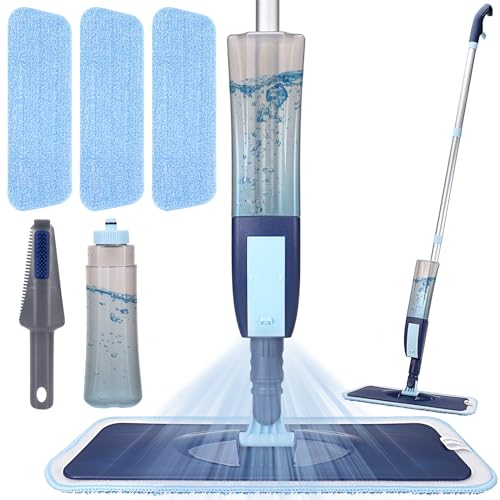Microfiber Spray Mop for Cleaning Floor, Wet Dry Dust Mop for Hard Floor Laminate Ceramic Tile and Kitchen, Floor Mop with 3 Microfiber Washable Pads Scraper and 400ML Refill Bottle