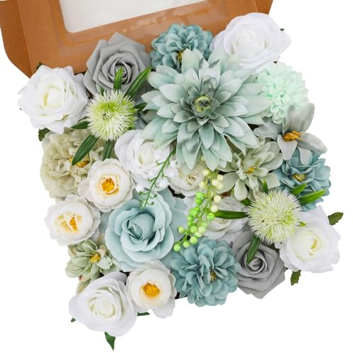 Floweroyal Fiori artificiali combinati di fiori blu in seta con steli per bouquet da sposa, centrotavola, baby shower, composizioni floreali, decorazioni per la casa