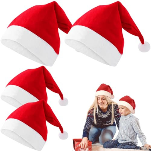 KOLZEMV 4 Stück Weihnachtsmützen, weihnachtsmütze, nikolausmütze, Nikolausmützen Weihnachtsmann Mütze Rot fur alle Erwachsene Einheitsgröße, Weihnachtszubehör