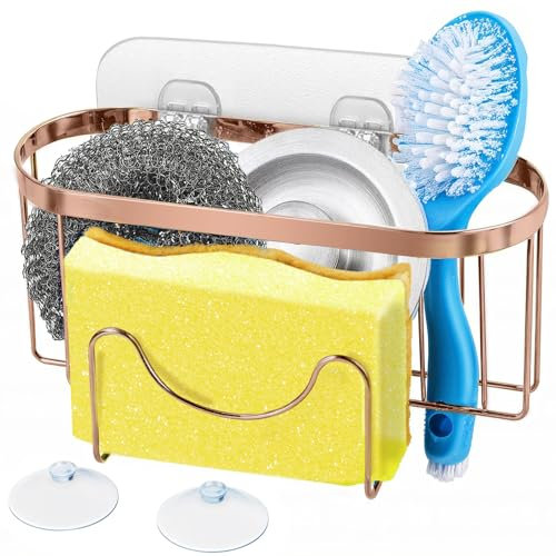 HOHOM 3-in-1 Kitchen Sink Caddy Dish Sponge Holder With Suction Cup, SUS304 Stainless Steel Hanging Organizer, Copper