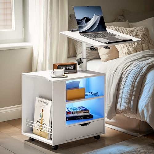 Pamapic Sängbord med LED-belysning, sidobord med justerbar höjd, nattduksbord med lådor och öppna hyllor, mobilt nattduksbord med hjul för sovrum, vardagsrum, kontor, vitt