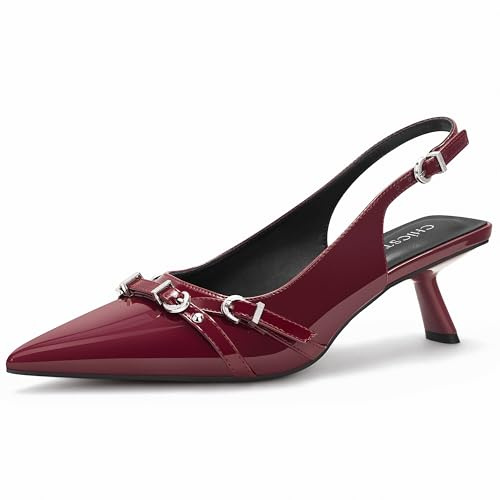 ChicSteps Slingback Heels with Buckle Kitten Heels for Women Low Heel Pointed Toe Pumps,MOST-88, Red, 6 UK