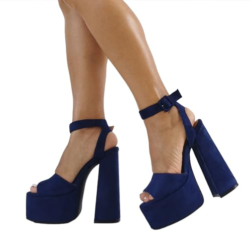 LIUGUISUOCHBH Sandali con Tacco Alto da Donna | Sandali con Plateau in Pelle Scamosciata Vintage Blu Navy | Tacco Spesso per Ballo di fine Anno, Festa di Laurea, Eventi Formali,Navy Blue,36