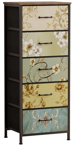 UnbYuro Commode en tissu avec tiroirs pour chambre à coucher, couloir, chambre d'enfant, placards, cadre en acier, plateau en bois, poignée facile à tirer (marron, 5 niveaux)
