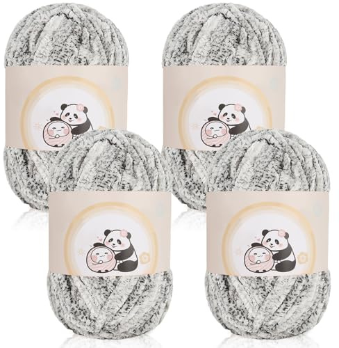 Aeelike Chenille Yarn 400g, 4 Pack Plush Chenille Chunky Yarn for Crochet 100g, Soft Fluffy Baby Velvet Thick Ombre Wool for Knitting Blankets, Scarves, Socks & DIY Crafts, Gradient Grey