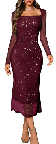 DRESSTELLS Sparkly Formal Dresses for Women UK, Mesh Elegant Wedding Guest Evening Gala Party Prom Mother of Bride Glitter Cocktail Maxi Dress Burgundy L