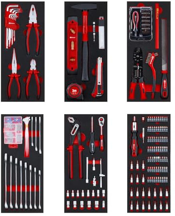 Original Einhell 6-Pads Tool Set for Workshop Trolley - 287 Pieces Including Precision & Special Bits, Pliers, Screws, Socket Wrench, Spirit Level, Hammer & Tape Measure