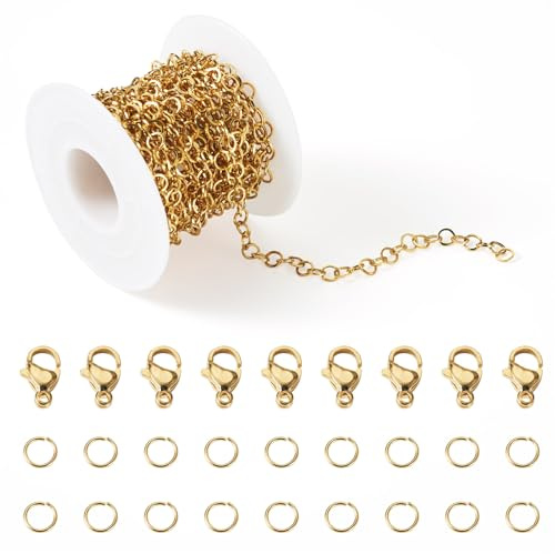 Craftdady 5 m Rolo-kedjor i rostfritt stål, gyllene lödda runda länkförlängningskedjor med hummerlås, hoppringar för armband, halsband, smyckestillverkning