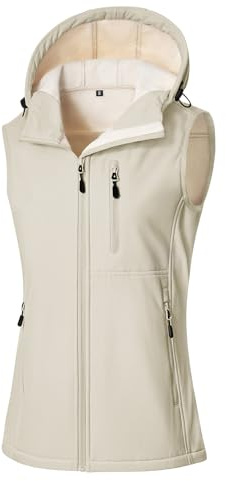 CMTOP Chaleco Mujer Softshell Impermeable, Forro Vellón Ligero Chaqueta sin Mangas, Antiviento Exteriores Capucha Chalecos con Bolsillos con Cremallera para Primavera Otoño