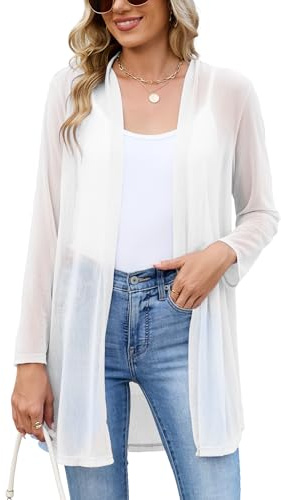 Famulily Women's Long Sleeve White Mesh Cardigans 2026 Summer Open Front Kimono Cardigan Cover ups (L, White)