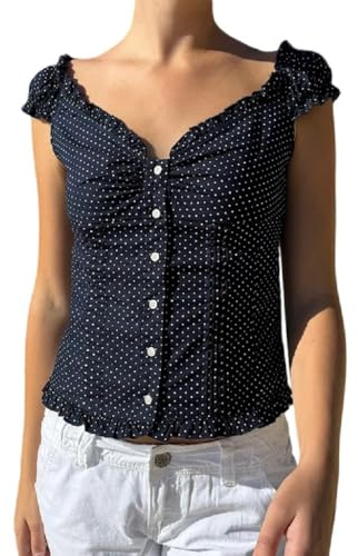 Women Y2K Ruffle Blouse Shirt Short Puff Sleeve Lace Trim Fairy Grunge Babydoll Crop Top Aesthetic Going Out Top