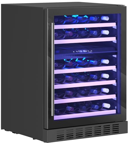 HOMCOM Cantinetta Vino Doppia Temperatura 46 Bottiglie 131L Cantina Vino Frigo Bar Refrigerata Sottopiano Silenziosa 5-18℃, Triplo Vetro Anti UV, Ripiani Regolabili Legno, Display Touch, LED, Classe F