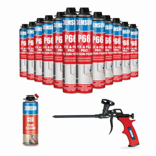 Demsun P66 750ml Expanding Foam 12 Pcs Kit with 75 cm Foam Gun, Wall Filler & Gap Sealant for Windows, Doors and Cavities, Thermal Insulation, Acoustic Soundproofing, Mould Proof, Fire Class B3