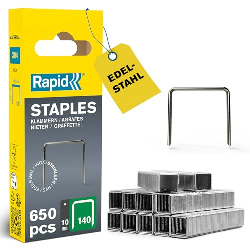 Rapid Bredtrådsklammer 140, Benlängd 10 mm, Rostfritt stål, 650-pack | Bred rygg för säker fastsättning i isolering, plastfolie, kartong och mattor, hög fasthållningsförmåga, precisionsklippta ben