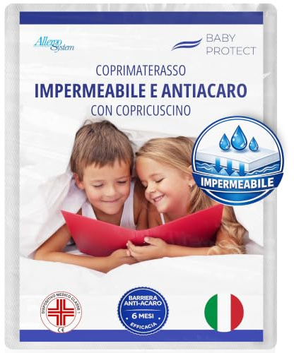 Allergosystem Set Coprimaterasso Impermeabile Antiacaro Letto Bambino 70x140x10cm e Copricuscino Impermeabile Anallergico 40x60cm - Dispositivo Medico MADE IN ITALY - Linea Baby Protect