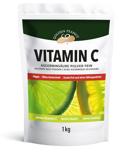 GOLDEN PEANUT Polvere di vitamina C 1 kg di acido ascorbico puro senza additivi ad alto dosaggio vegano e senza ingegneria genetica
