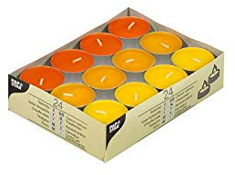 24 Teelichte Ø 38 mm · 16 mm gelb, orange, borneo