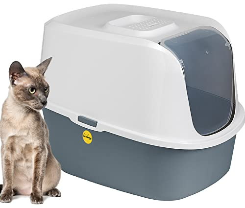 CAT CENTRE Litter Tray Hooded Dark Grey Toilet Charcoal Filter Extra Deep Anti-Spillage Kittens Cats Enclosed Box Pan Loo Filter Flap Door Detachable Rim Rounded Corners Safe Durable