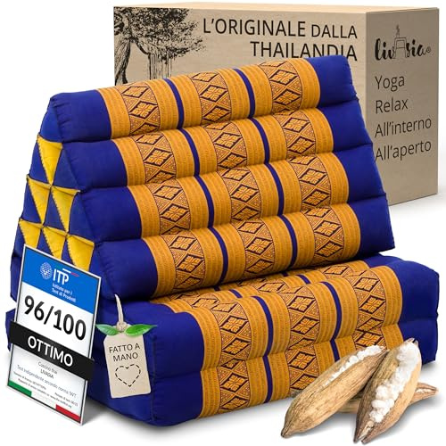 Livasia Cuscino Triangolare Thai 2 Segmenti - 120x50x8cm, Cuscino a Cuneo Kapok, Pieghevole, Tappetino Thai Fatto a Mano (Blu/Giallo)