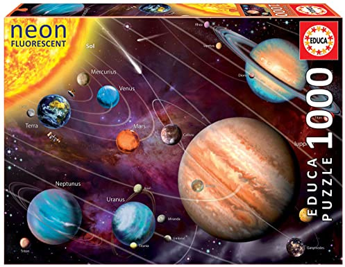 Educa - Puzzle 1000 pezzi Sistema Solare Fluorescente | Puzzle spazio | Misura 68x48 cm | Include colla Fix | Per adulti 14+ (14461)