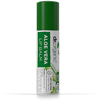 Dr Organic Aloe Vera Lip Balm, Moisturising, SPF 15, Mens, Womens, Natural, Vegetarian, Cruelty-Free, Paraben & SLS-Free, Recycled & Recyclable, Organic, 5.7ml, Packaging May Vary