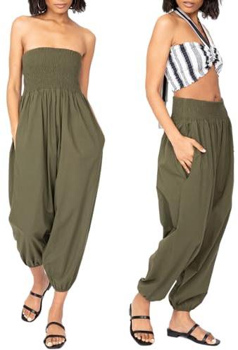 likemary Womens Jumpsuits Capri 2-in-1 - Cotton Harem Pants with Pockets | 100% Cotton, Convertible Outfit, Cropped Strapless Jumpsuit and Full-Length Balloon Leg Harem Trousers, Petite Friendly Fit
