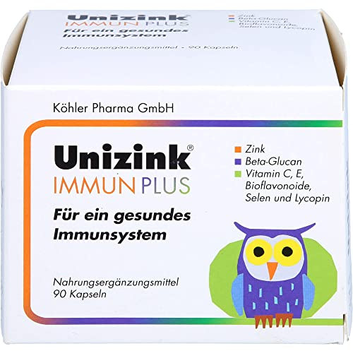 Unizink IMMUN PLUS – Nährstoff-Komplex mit Zink, Vitamin C, D3 und E sowie Selen, Bioflavonoiden und Beta-Glucan, unterstützt eine normale Funktion des Immunsystems, gluten- & laktosefrei, 90 St