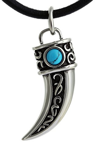 DonDon, collana da uomo in pelle e ciondolo in acciaio inossidabile a forma di zanna con sacchetto in velluto.