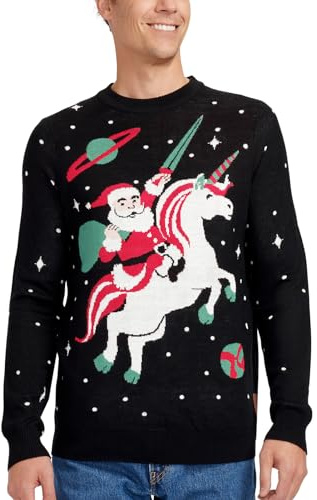 Tipsy Elves Ugly Christmas Sweaters for Men - Colorful and Funny Men's Christmas Sweaters - Festive Holiday Pullovers - Men's Hilarious Black Santa Unicorn Christmas Ugly Sweater Size Large