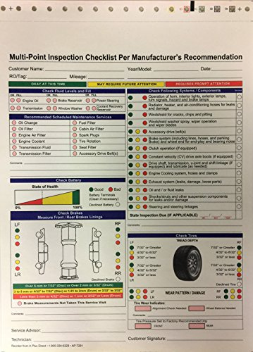 A Plus Multi-Point Inspection Checklist Per Manufacturer's Recommendation Forms #7291, Quantity 250 (W15)