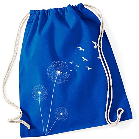 Autiga Turnbeutel Pusteblume Vögel Birds Hipster Beutel Tasche Jutebeutel Dandelion Gymsac Stringbag Drawstring blau