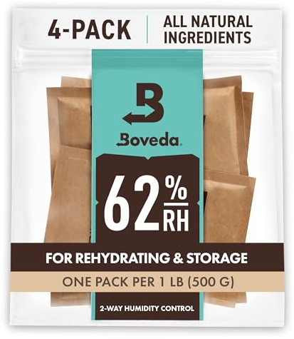 Boveda 62% Two-Way Humidity Control Packs For Storing 1 lb – Size 67 – 4 Pack – Moisture Absorbers for Storage Containers – Humidifier Packs – Hydration Packets in Resealable Bag