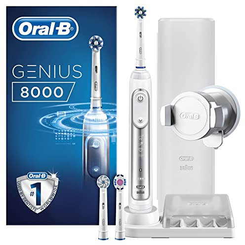 Oral-B Genius Electric Toothbrush with Artificial Intelligence, Gifts For Women / Men, App Connected Handle, 3 Toothbrush Heads & Travel Case, 5 Modes, Teeth Whitening, 2 Pin UK Plug, 8000