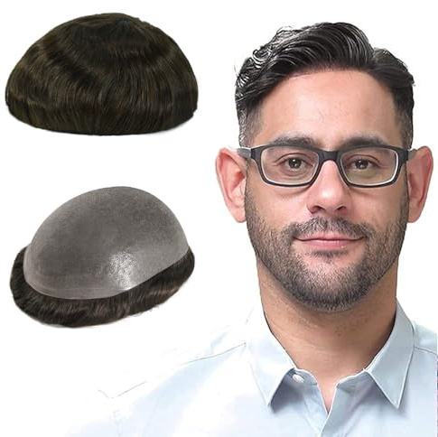 Lordhair Toupee for Men with 100% Human Hair, 0.08mm Natural Skin Hair Pieces Replacement for Men Base Size 8x10 inch Mens Toupee V-looped Hair System Dark Light Brown #3