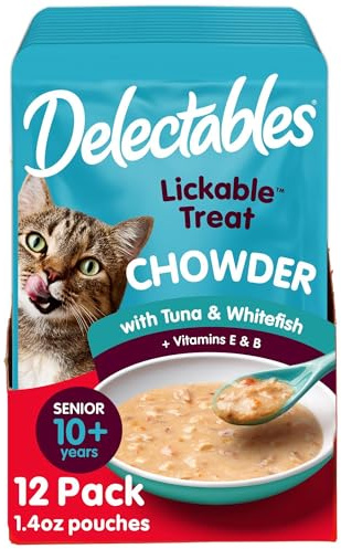 Delectables Lickable Treat Chowder Senior 10+ Wet Cat Treat with Real Tuna & Whitefish, Food Topper, Hydrating, Grain-Free, No Fillers, By-Products, Added Preservatives, 1.4oz Pouch, 12ct