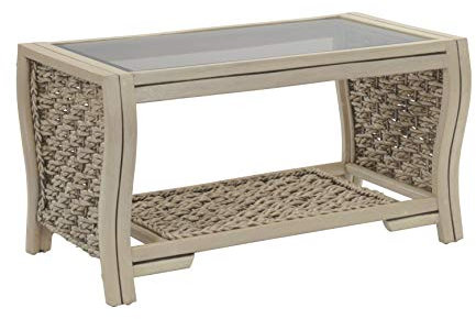 Desser Milan Coffee Table with Storage Shelf – Glass Top Table with Natural Wicker Weave Rattan Cane Frame – Luxury Indoor Conservatory or Living Room Furniture - H46cm x W85cm x D47cm