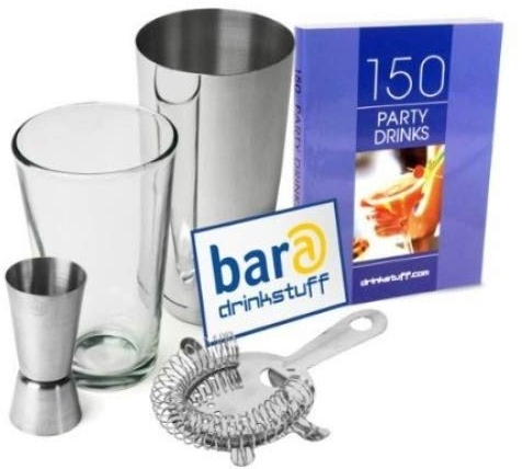 bar@drinkstuff Basic Cocktail Shaker Set with Cocktail Book Cocktail Set with Professional Boston Cocktail Shaker Tin & Glass, Jigger Measure & Hawthorne Cocktail Strainer - Affordable Gift Set