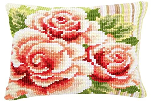 VERVACO Kreuzstich Stickpackungen Kissen Stickerei Set Anfänger Vorgedruckt Rosa Rosen I DIY Set Kreativ Set Für Erwachsene Dekoratives Kissen ca. 40 x 40 cm Bastelset Handwerker Haus Dekoration