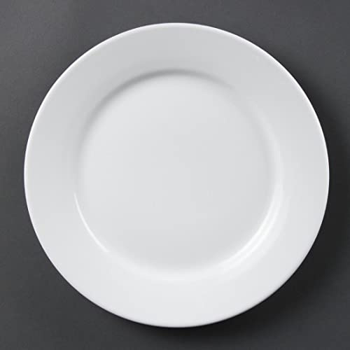 Olympia Wide Rimmed Porcelain Service Plates 250mm, White (Pack of 12) | Strengthened rolled edges protect against chipping, while vitrified heat resistance supports oven, microwave and freezer use.