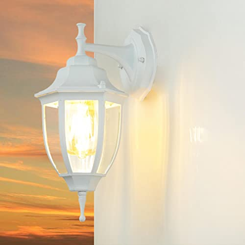 Licht-Erlebnisse Außenlaterne Wand Glas Aluminium in Weiß IP44 Balkon Haustür H:35,5 cm E27 Rustikal Landhaus nostalgische Außenwandlampe Garten LYON