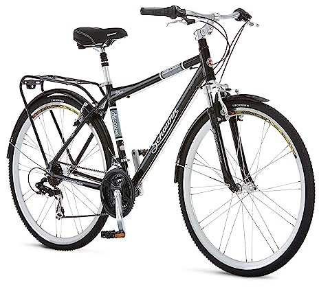 Schwinn Discover Adult Hybrid Bike for Men and Women, 700c Wheels, 21-Speeds, 19-Inch Aluminum Step-Over Frame, Front and Rear Fenders, Rear Cargo Rack, Black