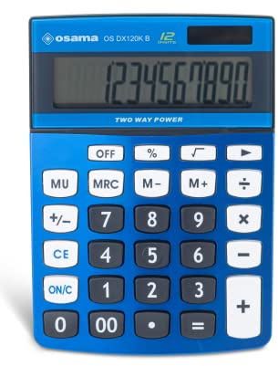 OSAMA - Calcolatrice da Tavolo per Ufficio con 12 Cifre, 3 Tasti Memoria e Doppia Alimentazione - Calcolatrice Professionale Grande con Mark Up per Lavoro e Università, 3.6x11.5x15.5 cm, Blu