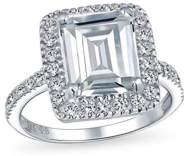 Anillo de compromiso estilo Art Deco 5CT con solitario de corte esmeralda rectangular y halo de AAA CZ para mujer con banda delgada de pavé de 1MM en plata de ley .925