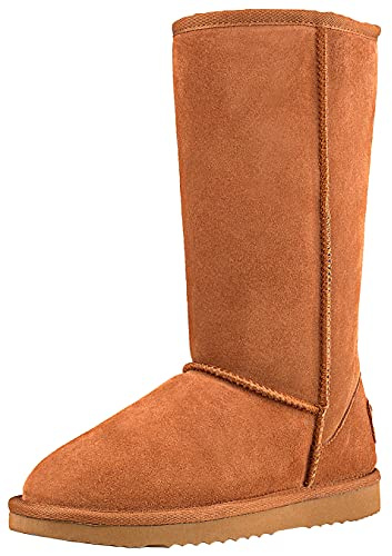 Shenduo Damen Wasserdicht Schlupfstiefel Halbschaft Winterstiefel Klassisch Leder Winterschuhe D5115 Chestnut 38EU