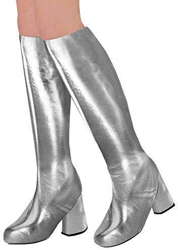 shoperama 70er Metallic Damen Stiefel Überzieher Stulpen glänzend Disco Festival Show Revue Space-Girl Kostüm-Zubehör, Farbe:Silber