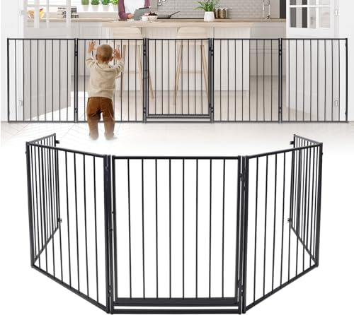 LZQ Kaminschutzgitter mit Tür Schwarz Ofenschutzgitter 5-teilig Gesamtlänge 305 cm Türschutzgitter Faltbar Absperrgitter Laufstall für Kinder Haustier