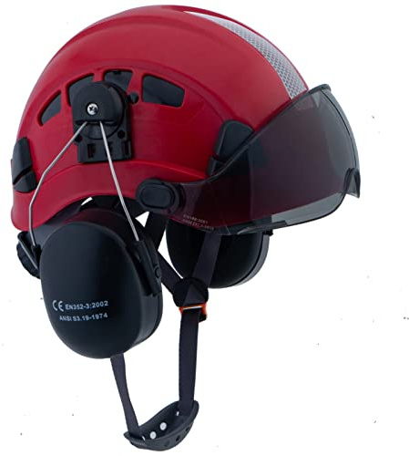 LOHASPRO Arborist Forestry Helmet Safety Hard Hat with Visor and Ear Muffs for Tree Service Logging Cutting Wood Chainsaw Helmet Garden Work Trimming Mowing(P91 Red+Smoked Visor+Earmuff)